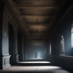 A long dark castle corridor with wall-to-wall large ceiling-to-floor elaborate ghostly portraits that seem to come alive