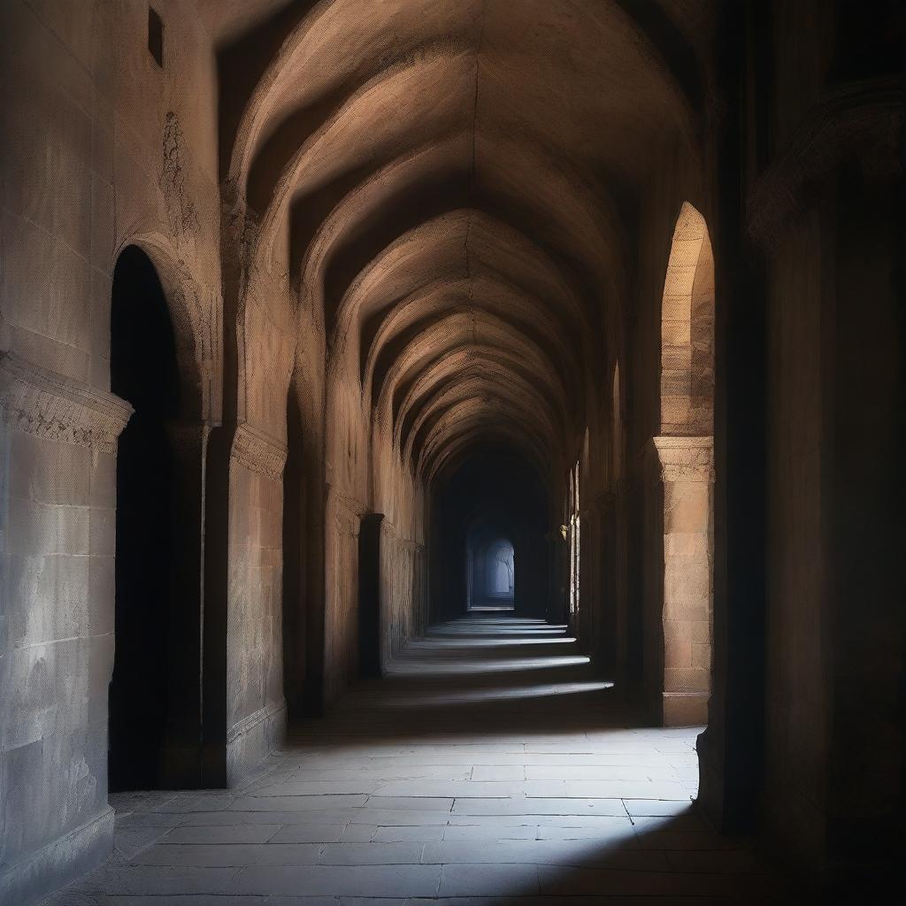 A long medieval castle corridor with wall-to-wall large ceiling-to-floor elaborate ghostly portraits that seem to come alive