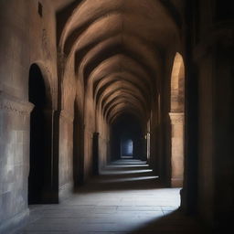 A long medieval castle corridor with wall-to-wall large ceiling-to-floor elaborate ghostly portraits that seem to come alive