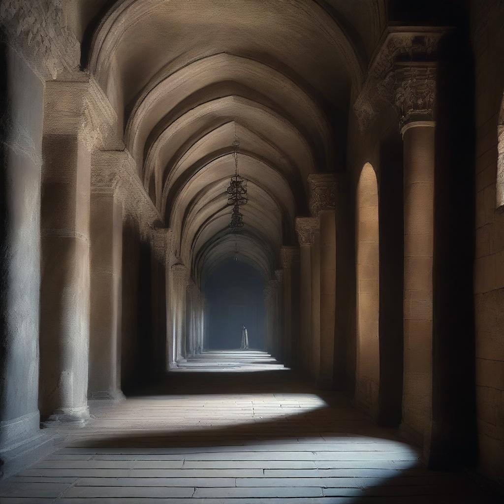 A long medieval castle corridor with wall-to-wall large ceiling-to-floor elaborate ghostly portraits that seem to come alive