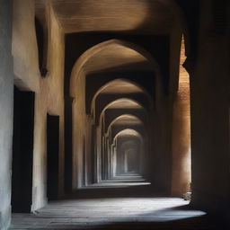 A long medieval castle corridor with wall-to-wall large ceiling-to-floor elaborate ghostly portraits that seem to come alive