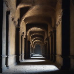 A long medieval castle corridor with wall-to-wall large ceiling-to-floor elaborate ghostly portraits that seem to come alive