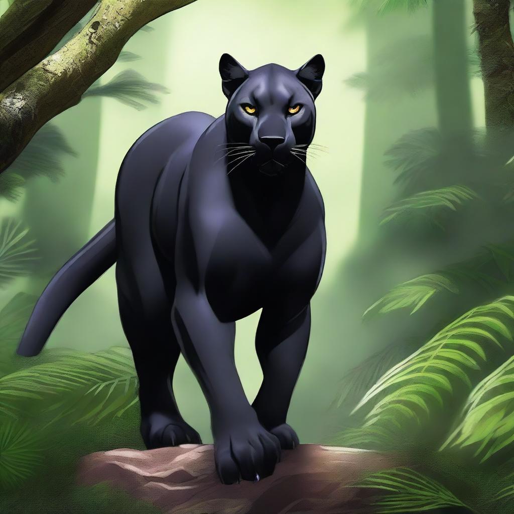 A powerful and sleek black female werepanther standing in a dynamic pose