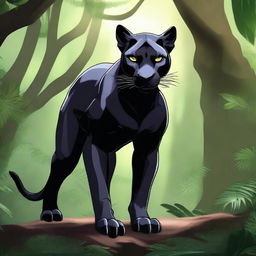 A powerful and sleek black female werepanther standing in a dynamic pose