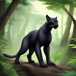 A powerful and sleek black female werepanther standing in a dynamic pose