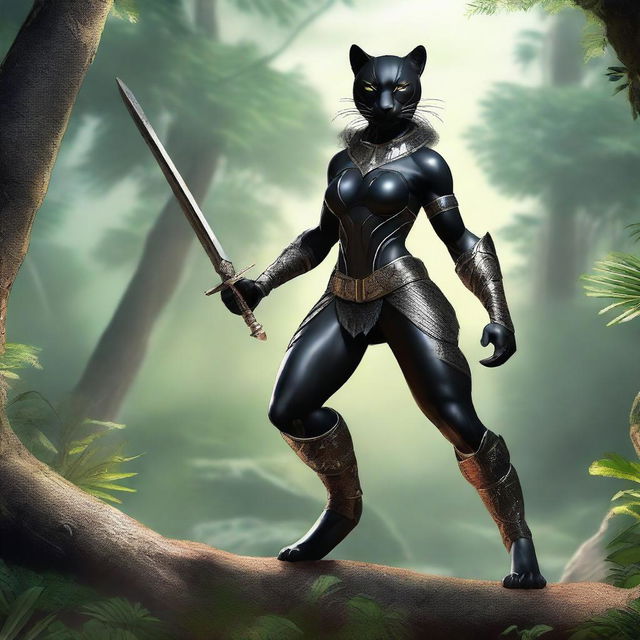 A powerful and sleek black female werepanther warrior standing in a dynamic pose