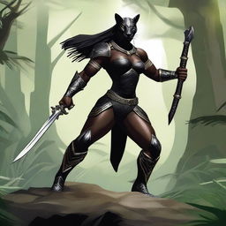 A powerful and sleek black female werepanther warrior standing in a dynamic pose