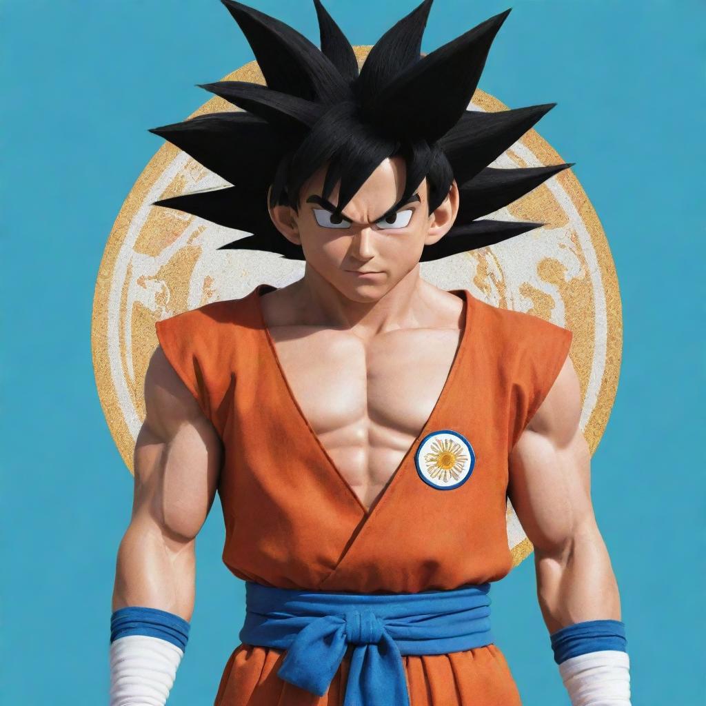 Goku from Dragon Ball Z, dressed in traditional Argentinian attire with iconic details that capture the essence of Argentina's culture.