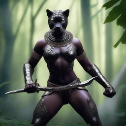 A powerful and sleek black female werepanther warrior standing in a dynamic pose