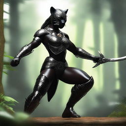 A powerful and sleek black female werepanther warrior standing in a dynamic pose