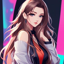 Anime-style profile picture of a supermodel with long hair, striking eyes, and a confident expression in a fashionable outfit