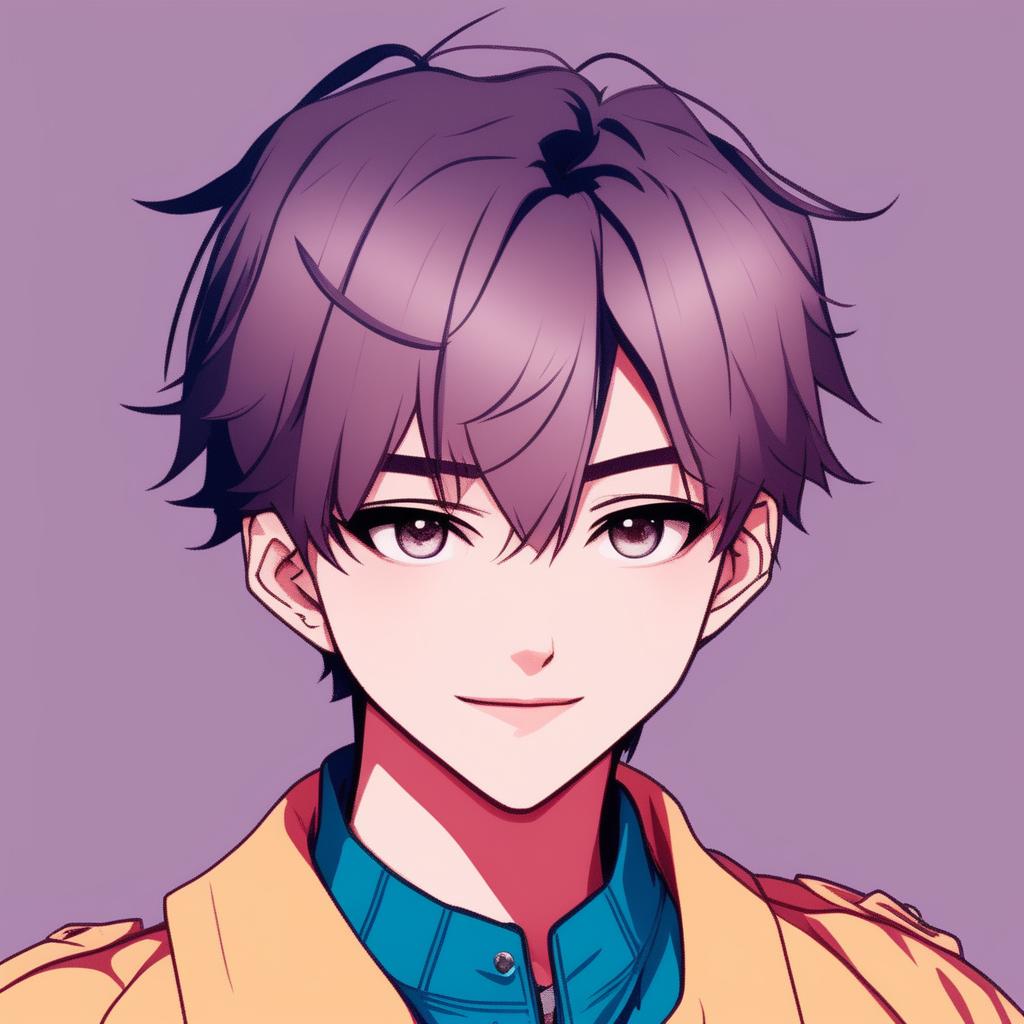 Anime-style profile picture of a male supermodel with short hair, expressive eyes, and a charming smile in a trendy outfit