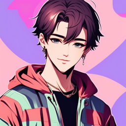 Anime-style profile picture of a male supermodel with short hair, expressive eyes, and a charming smile in a trendy outfit