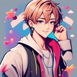 Anime-style profile picture of a male supermodel with short hair, expressive eyes, and a charming smile in a trendy outfit