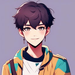 Anime-style profile picture of a male supermodel with short hair, expressive eyes, and a charming smile in a trendy outfit