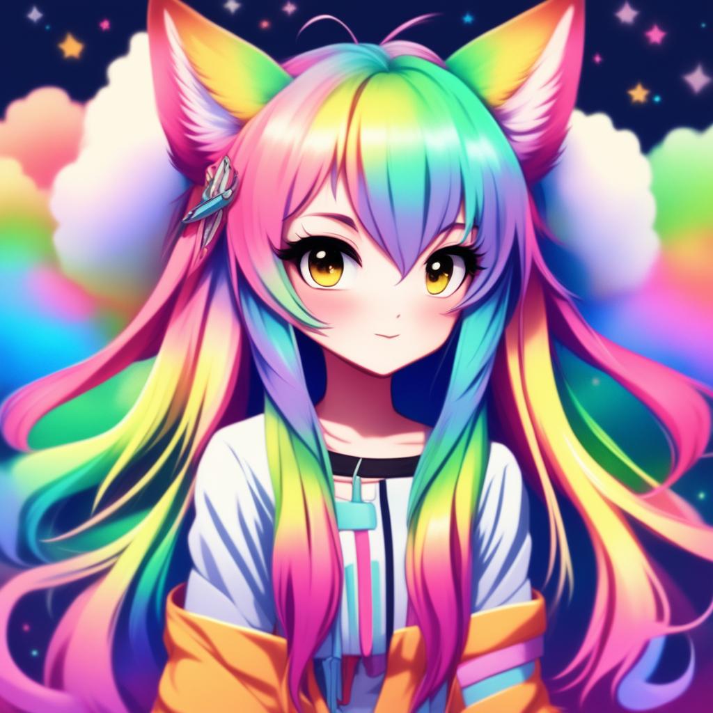 Anime-style profile picture of a rainbow fox girl with long rainbow hair, fox ears, and a fluffy tail