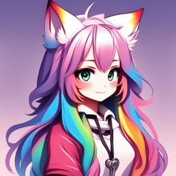 Anime-style profile picture of a rainbow fox girl with long rainbow hair, fox ears, and a fluffy tail