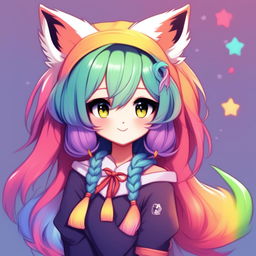 Anime-style profile picture of a rainbow fox girl with long rainbow hair, fox ears, and a fluffy tail