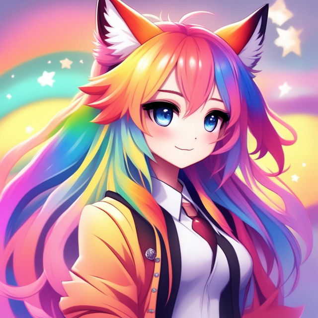 Anime-style profile picture of a rainbow fox girl with long rainbow hair, fox ears, and a fluffy tail