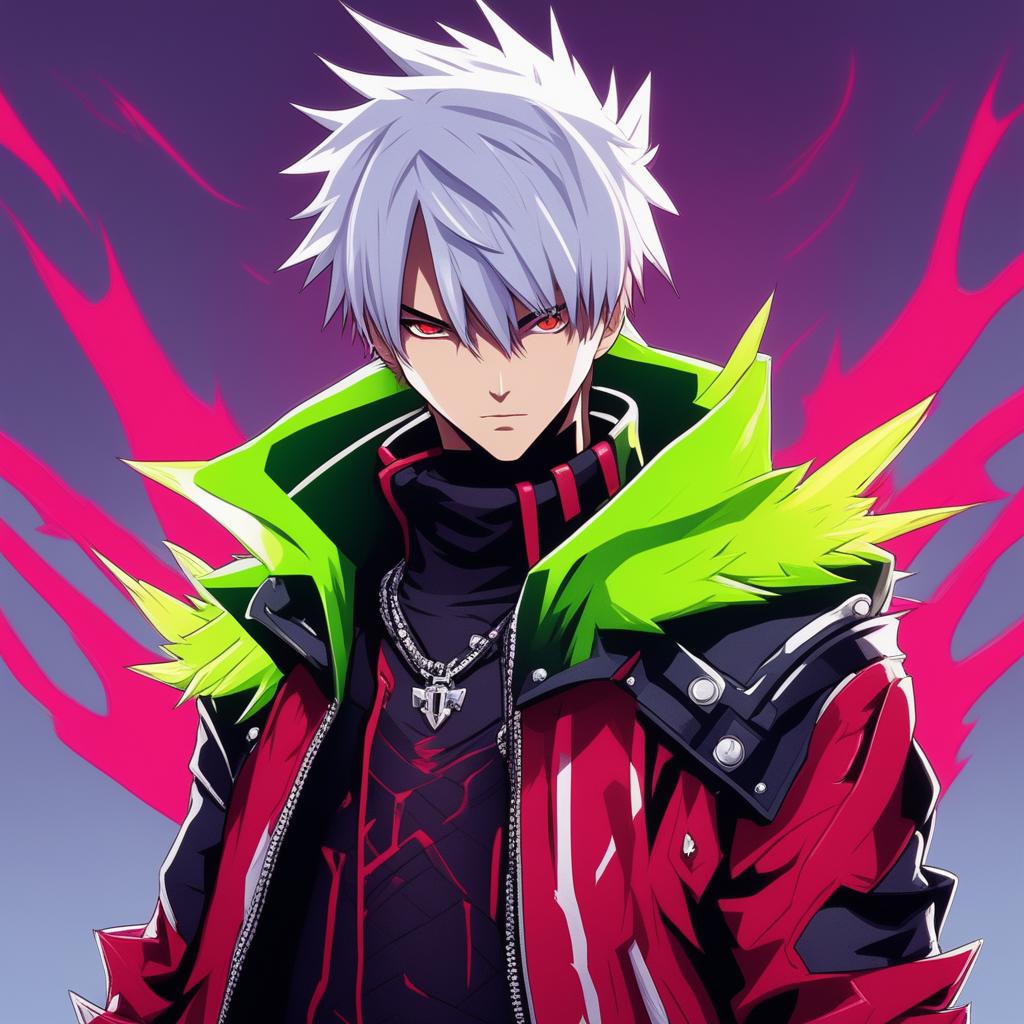 Anime-style profile picture inspired by Devil May Cry, featuring a character with spiky hair, intense eyes, and a neon-themed stylish outfit