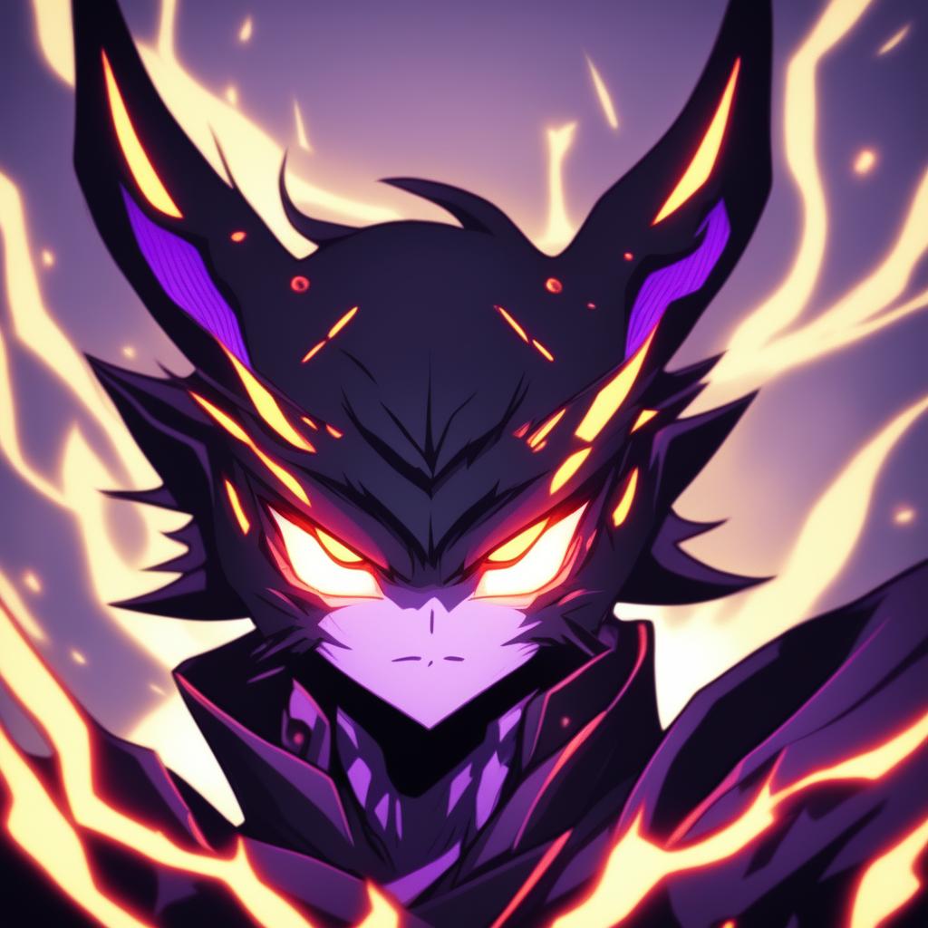 Anime-style profile picture of a shadow demon with glowing neon accents, intense eyes, and a fierce expression