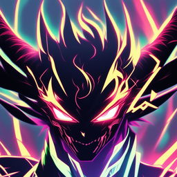 Anime-style profile picture of a shadow demon with glowing neon accents, intense eyes, and a fierce expression