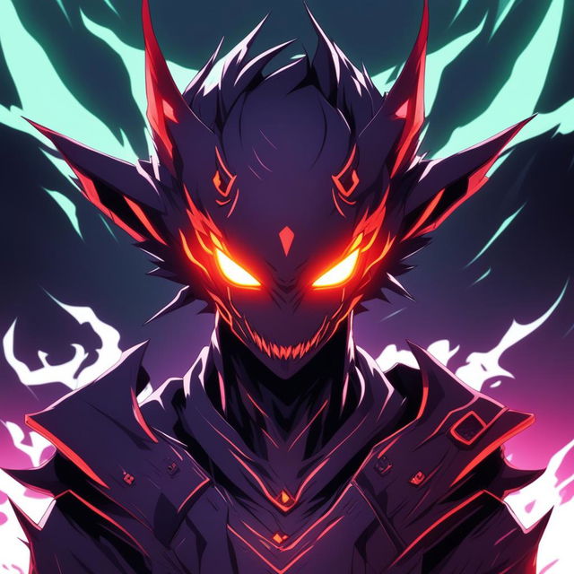 Anime-style profile picture of a shadow demon with glowing neon accents, intense eyes, and a fierce expression