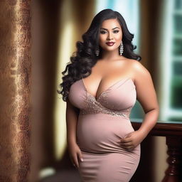 A voluptuous woman with a confident expression, wearing elegant attire