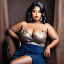 A voluptuous woman with a confident expression, wearing elegant attire