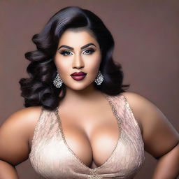 A voluptuous woman with a confident expression, wearing elegant attire