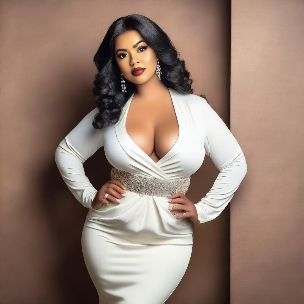 A voluptuous woman with a confident expression, wearing elegant attire