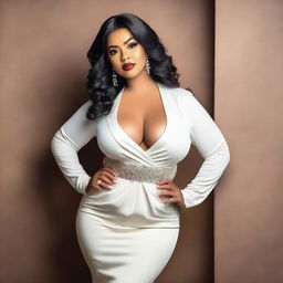 A voluptuous woman with a confident expression, wearing elegant attire