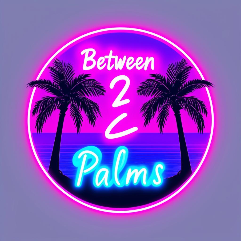 Create a neon-themed podcast logo titled 'Between 2 Palms' with bright, glowing colors, two palm trees, and a stylish neon font