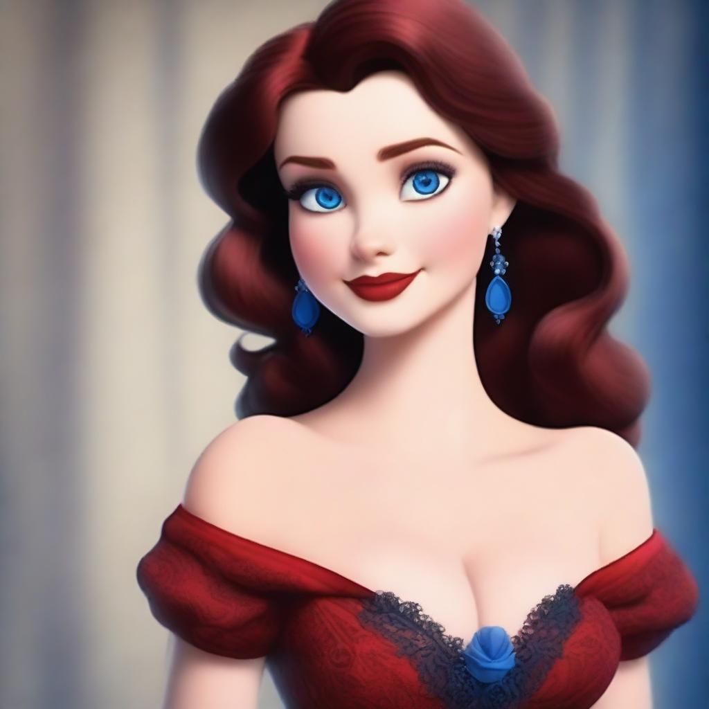 A realistic Disney animation of a beautiful woman with blue eyes, wearing a stunning red and black lacey low cut dress