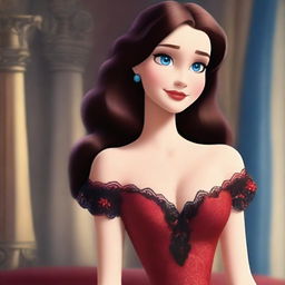 A realistic Disney animation of a beautiful woman with blue eyes, wearing a stunning red and black lacey low cut dress