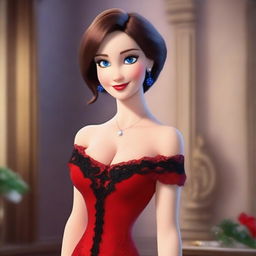 A realistic Disney animation of a beautiful woman with blue eyes, wearing a stunning red and black lacey low cut dress