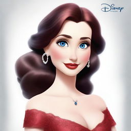 A realistic Disney animation of a beautiful woman with blue eyes, wearing a stunning red and black lacey low cut dress