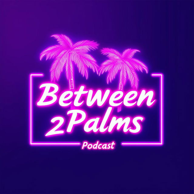 Create a vibrant neon podcast logo titled 'Between 2 Palms' with a tropical theme featuring two palm trees and a retro, 80s vibe