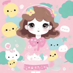 A charming and adorable illustration of Hayat in the style of Sanrio, with cute and colorful elements, big expressive eyes, and a friendly smile