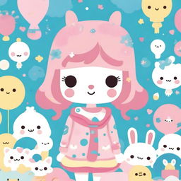 A charming and adorable illustration of Hayat in the style of Sanrio, with cute and colorful elements, big expressive eyes, and a friendly smile