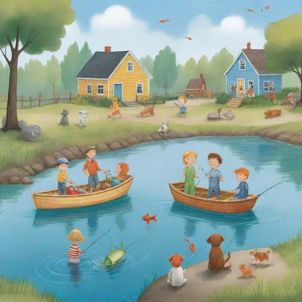 A delightful, simplistically styled cartoon scene for a children's book, portraying the whole community: kids, adults, and their pets, joyfully participating in a 'Fishing Fun Day'.