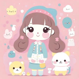 A charming and adorable illustration of Hayat in the style of Sanrio, with cute and colorful elements, big expressive eyes, and a friendly smile