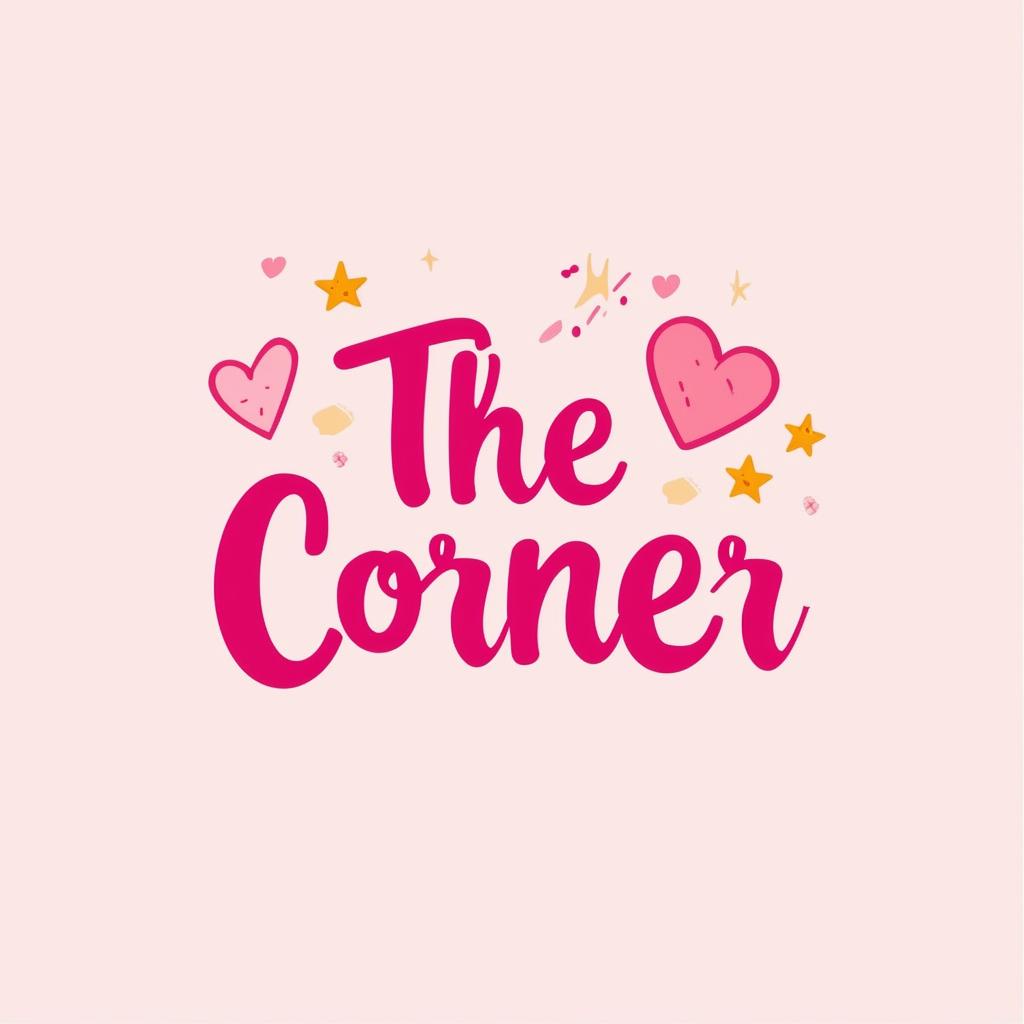 Design a cute and inviting podcast logo titled 'The Corner' with soft pastel colors and charming, playful elements like a cozy nook, hearts, and stars