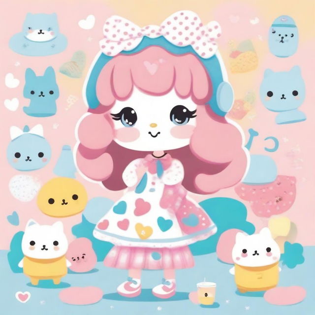 An adorable illustration of Hayat transformed into a Sanrio character, featuring cute and colorful elements, big expressive eyes, and a friendly smile