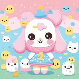 An adorable illustration of Hayat transformed into a Sanrio character, featuring cute and colorful elements, big expressive eyes, and a friendly smile