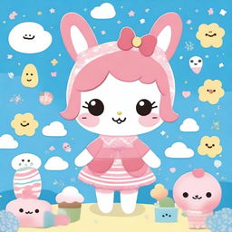 An adorable illustration of Hayat transformed into a Sanrio character, featuring cute and colorful elements, big expressive eyes, and a friendly smile
