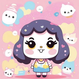 An adorable illustration of Hayat transformed into a Sanrio character, featuring cute and colorful elements, big expressive eyes, and a friendly smile