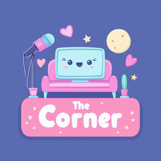 Design a cute and inviting podcast logo titled 'The Corner' with soft pastel colors, a cozy nook, and a cute microphone