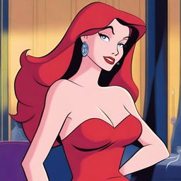 A Disney animation of Jessica Rabbit, capturing her iconic look with her red hair, glamorous red dress, and sultry expression