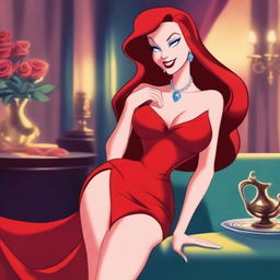 A Disney animation of Jessica Rabbit, capturing her iconic look with her red hair, glamorous red dress, and sultry expression